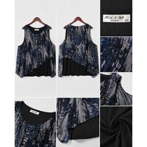 Womens 5XL Cold Shoulder Blouse Blue Black Abstract Print Chiffon Overlay Top